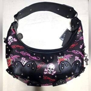Ed Hardy Black Skull Roses Handbag